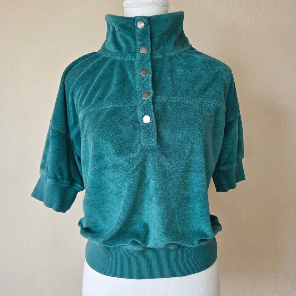 Evereve Women Teal Green Terry Cloth Snap Mock Neck Short Sleeve Sweatshirt S